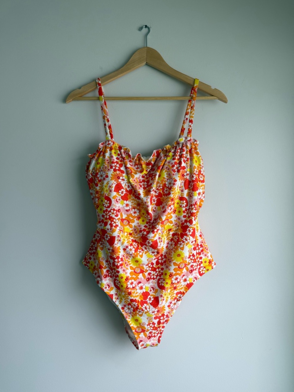 Aerie Floral One Piece Swimsuit Large Retro Orange Ruffle